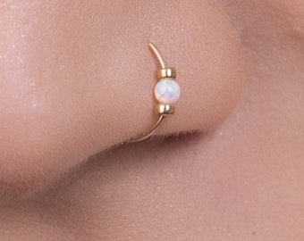 White Opal Nose Ring Hoop - 2mm white opal 14k Gold Filled Nose Piercing ring
