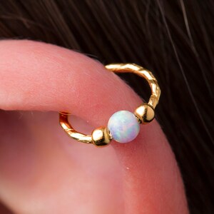 Gold helix piercing jewelry – 14K Gold Filled Cartilage Piercing Ring For Woman –20G 8mm Ring 3mm White Opal  Cute Birthday anniversary Gift