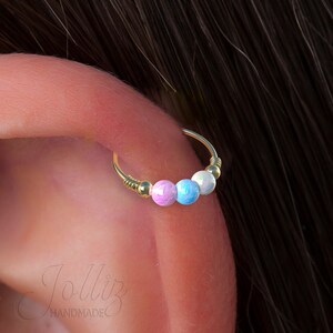 Gold cartilage earring Opal jewelry – 14K Gold Filled Galaxy Cartilage Piercing Ring For Woman – 24G 8mm Ring 2mm White Blue Pink Opal –gift