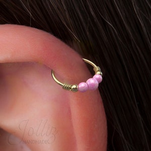 Gold cartilage earring Opal – 14K Gold Filled Helix Piercing Ring For Woman – 24G 8mm Ring 3mm + 2x 2mm Pink Opal – Cute GIFT For Birthday