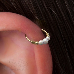 Gold cartilage earring Opal – 14K Gold Filled Helix Piercing Ring For Woman – 24G 8mm Ring 3mm + 2x 2mm Fire White Opal – Cute GIFT
