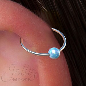 Sterling Silver Cartilage Earring Hoop – 925 Silver Helix Piercing For Woman – 20G 8mm Ring With 3mm Blue Opal - Cute Birthday gift