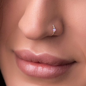 Small Pink Opal Nose Ring Hoop - 2mm pink opal 14k Gold Filled Nose Piercing ring