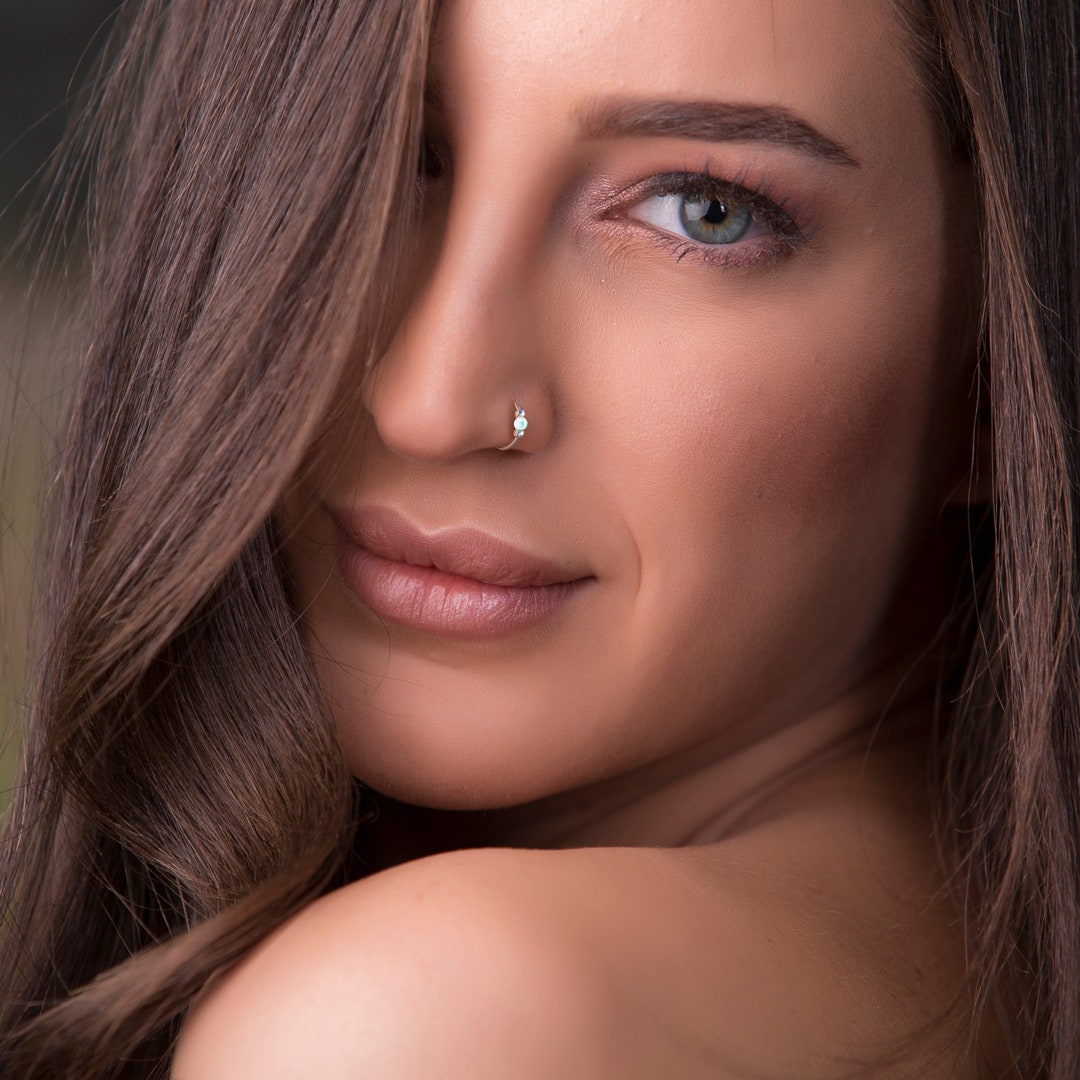 Tiny White Opal Nose Ring 24G Nose Piercing Hoop 925 Sterling Silver