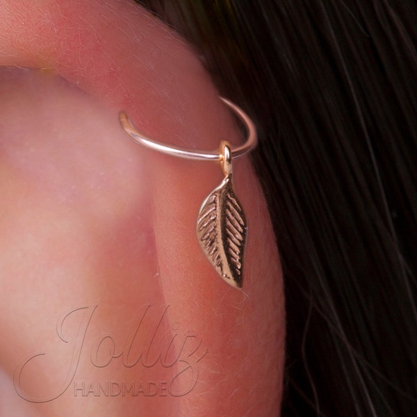 Gold Cartilage Earring Hoop – 14K Gold Filled Helix Piercing Ring For Woman – 20G 8mm Ring – Leaf