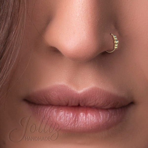 Gold Beaded Nose Ring 24G - Gold Filled Nose Piercing Hoop For Women 8mm - Nose Jewelry with beads dainty - unisex piercings jewelry