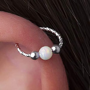 Fire White Opal Cartilage Helix Earring Hoop - Opal Silver helix hoop - 20 gauge 925 silver helix white opal ring