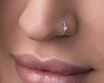 Sterling Silver Nose Ring With Pink Opal Tiny 24G Nose Piercing Hoop Body Piercing 925 Sterling Silver Nose Piercing Etsy