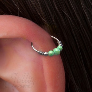 Helix Earring Hoop With Green Opals - Silver Cartilage Piercing Ring With Opals - Piercing jewelry for women and men