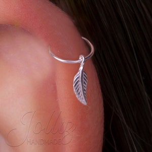 Sterling Silver Cartilage Earring Hoop – 925 Silver Helix Piercing Ring For Woman – 20G 8mm Ring – Leaf