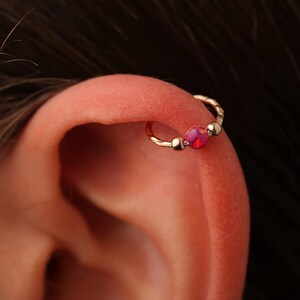 Gold helix piercing jewelry 14K Gold Filled Cartilage Piercing Ring For Woman 20G 8mm Ring 3mm Red Opal Cute Birthday  anniversary Gift