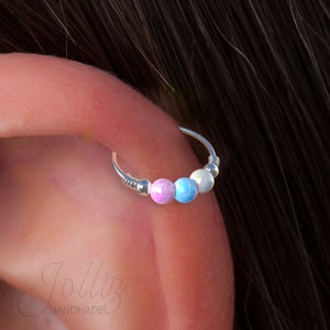 Silver helix piercing Opal jewelry – 925 Sterling Silver Galaxy Cartilage Earring For Woman – 24G 8mm Ring 2mm White Blue Pink Opal gift