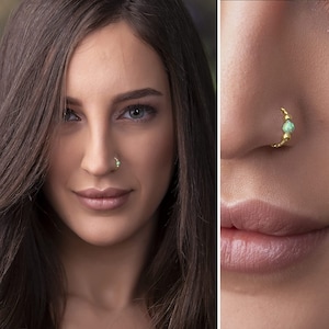 Green Opal Nose Ring Hoop - 14k Gold Filled Nose Piercing ring