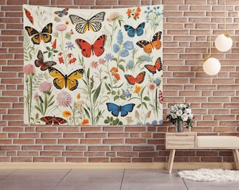Cottagecore Butterfly Wall Tapestry Floral Botanical Room Decor Large Boho Wall Hanging Vintage Nature Aesthetic Art