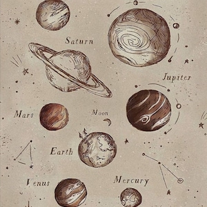 May include: A vintage-style illustration of the solar system with the planets, sun, and moon drawn in brown ink on a beige background. The text "SOLAR SYSTEM" is at the top of the image, and the quote "<THERE IS NOTHING BIGGER OR OLDER THAN THE UNIVERSE> STEPHEN HAWKING" is below it.