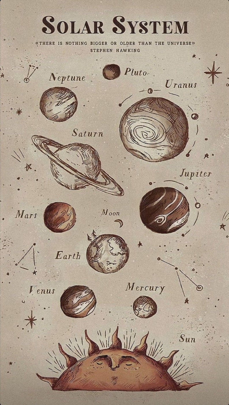 May include: A vintage-style illustration of the solar system with the planets, sun, and moon drawn in brown ink on a beige background. The text "SOLAR SYSTEM" is at the top of the image, and the quote "<THERE IS NOTHING BIGGER OR OLDER THAN THE UNIVERSE> STEPHEN HAWKING" is below it.