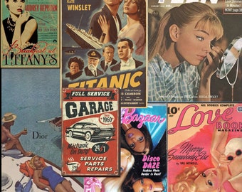 Könnte beinhalten: Eine Collage aus Vintage-Magazin-Covern mit verschiedenen Themen, darunter ein Filmplakat für Titanic, ein Teenager-Magazin-Cover, eine Werbeanzeige für einen Garagen-Service, ein Puppen-Magazin-Cover und ein Liebesroman-Cover. Die Collage besteht aus verschiedenen Farben und Texturen und erzeugt ein visuell interessantes und nostalgisches Gefühl.