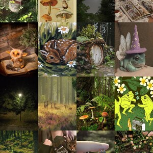 May include: A collage of images with a whimsical forest theme. The images include mushrooms, a deer, a treehouse, a frog wearing a hat, a forest scene, a cat, and a bottle with a plant inside.