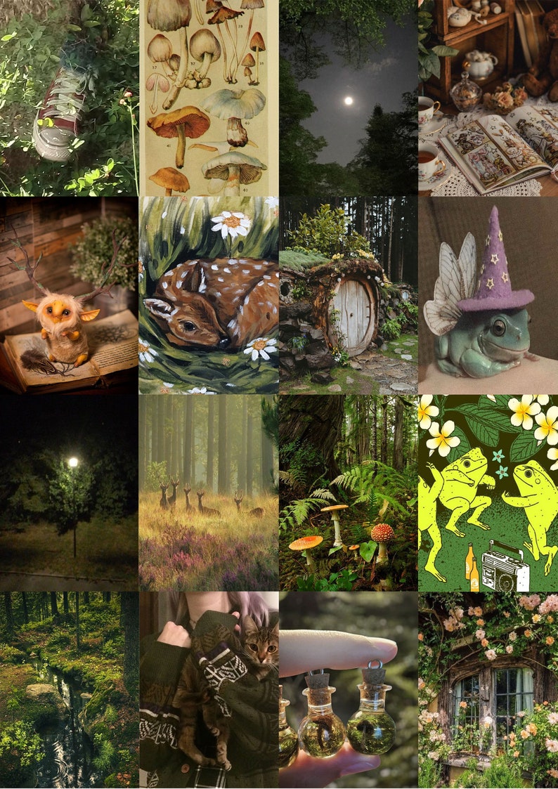 May include: A collage of images with a whimsical forest theme. The images include mushrooms, a deer, a treehouse, a frog wearing a hat, a forest scene, a cat, and a bottle with a plant inside.