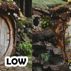 May include: A round wooden door with a rustic look, set into a stone wall covered in moss and vines. The door is surrounded by white lights and has a small knob in the center.