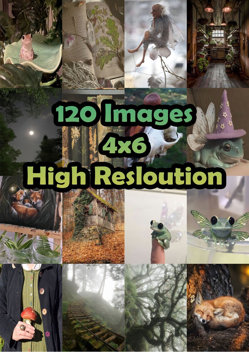 May include: A collage of images featuring a variety of nature-inspired themes, including frogs, mushrooms, a forest scene, a cabin, and a fox. The text "120 Images 4x6 High Resolution" is displayed in the center of the collage.
