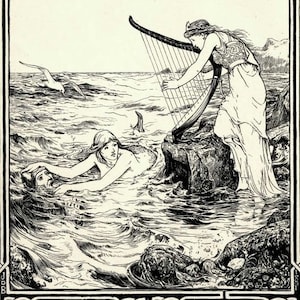 May include: A black and white illustration of a woman playing a harp on a rock in the sea.  The text "The Sea Maiden" is at the top of the image.  There are sea creatures and birds in the water.