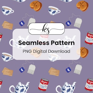 May include: Seamless pattern featuring teacups, teapots, biscuits, tea bags, and cans of evaporated milk on a purple background. The design includes the text "Seamless Pattern PNG Digital Download".