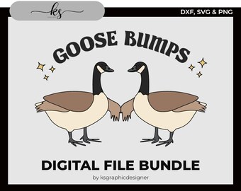 May include: A digital file bundle featuring two cartoon geese with brown wings and black necks, facing each other. The text "GOOSE BUMPS" is arched above the geese, with the words "DIGITAL FILE BUNDLE" below. The image includes star accents.