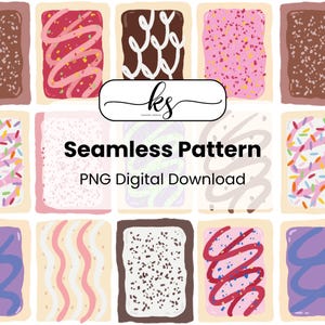 May include: A seamless pattern featuring various colorful, illustrated pastries. Each pastry has a rectangular shape with different toppings, including sprinkles, icing, and chocolate. The text "Seamless Pattern PNG Digital Download" is also present.