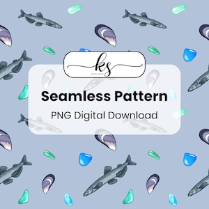 May include: A seamless pattern design with illustrations of fish, seashells, and colourful gemstones on a light blue background. The design includes the text "Seamless Pattern PNG Digital Download".