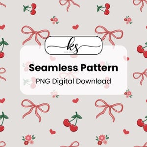 Puede incluir: Un diseño de patrón sin costuras con cerezas rojas, lazos rosas, pequeñas flores rosas y corazones rojos sobre un fondo gris claro. El texto "Seamless Pattern PNG Digital Download" se muestra en un rectángulo blanco redondeado.