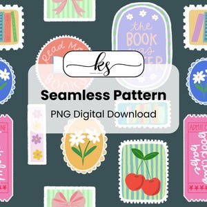 May include: Seamless pattern design featuring various illustrations including books, flowers, cherries, and ticket stubs with the text "book club babe." The design includes the text "Seamless Pattern" and "PNG Digital Download."