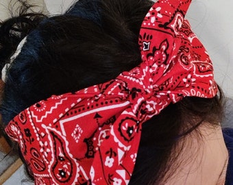 Red Bandana Headband, Bandana Print Headband with bow on top, Bandana Headband