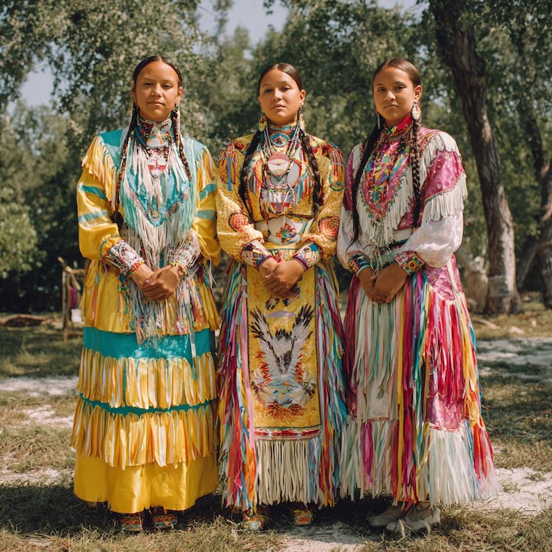 May include: Three women in traditional Native American dresses stand outdoors. The dresses are brightly colored, featuring yellow, turquoise, pink, and white. Each dress is adorned with intricate beadwork, fringe, and embroidery, showcasing cultural heritage.