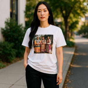 May include: White t-shirt featuring a colorful image of three women in traditional attire. The image on the shirt showcases a vibrant scene with detailed clothing and a natural backdrop. The shirt is worn by a person standing outdoors.