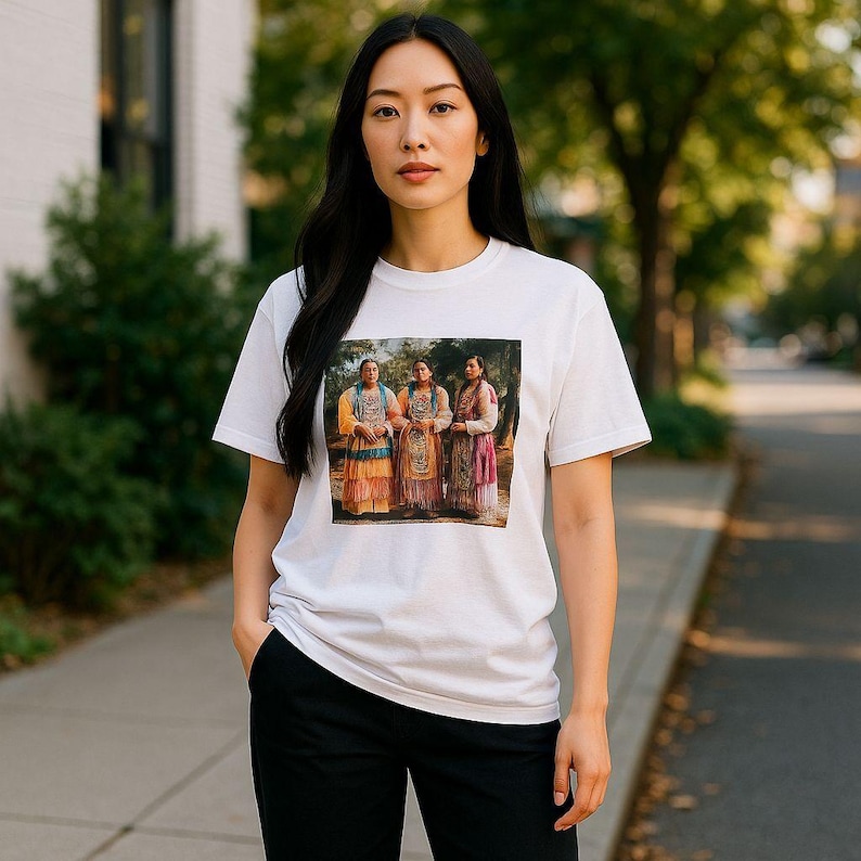 May include: White t-shirt featuring a colorful image of three women in traditional attire. The image on the shirt showcases a vibrant scene with detailed clothing and a natural backdrop. The shirt is worn by a person standing outdoors.