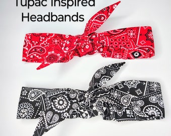 Tupac Inspired Headbands, Red Bandana Headband, Black Bandana Headband, Tupac Inspired Bandana Headband