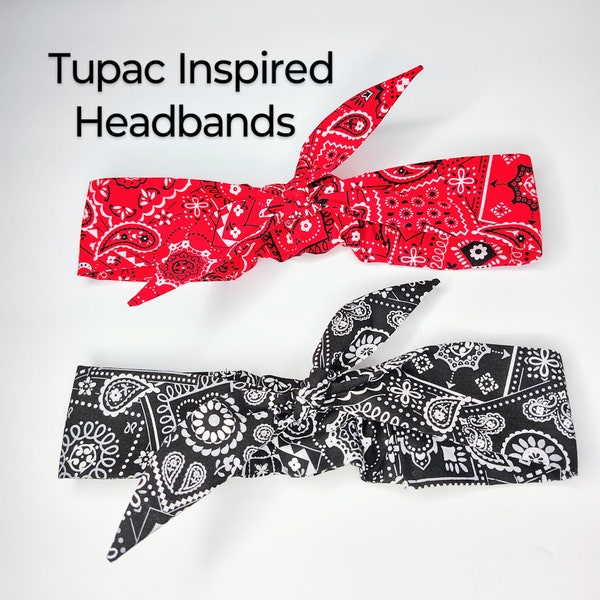 Tupac Inspired Headbands, Red Bandana Headband, Black Bandana Headband, Tupac Inspired Bandana Headband
