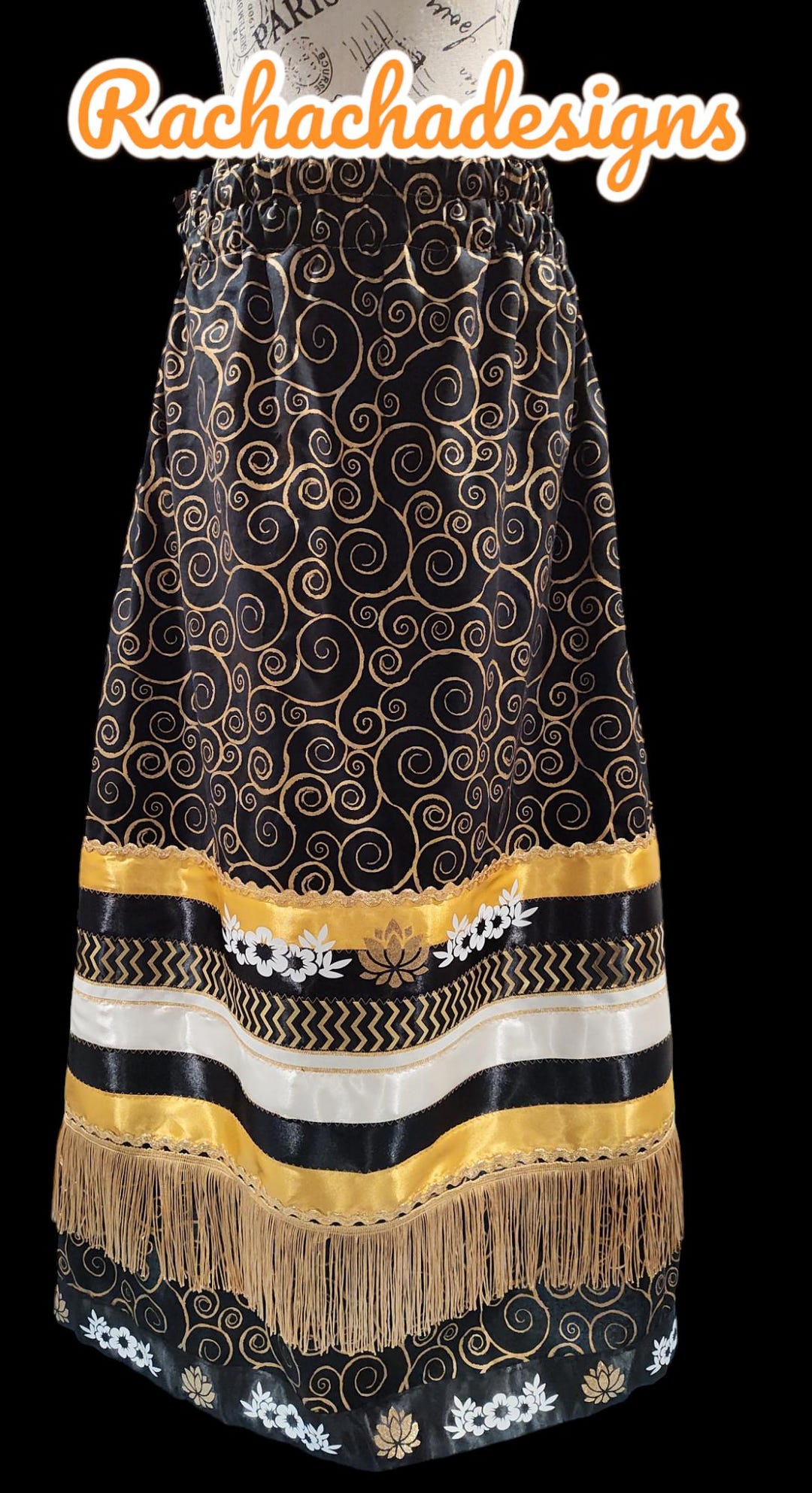 Native American Calico Formal Ribbon Skirt Gold and Black Swirls Ribbon ...