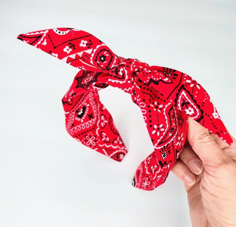 Red Bandana Headband, Bandana Print Headband With Bow on Top, Bandana