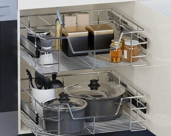 Pull out wire storage Basket Cabinet Cupboard kitchen Under Counter Storage Compartments Soft Close Base Mount 300 400 500 600 800 900mm