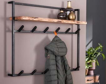 Solid wood coat rack Kaia with 12 hooks in dark natural and matt black