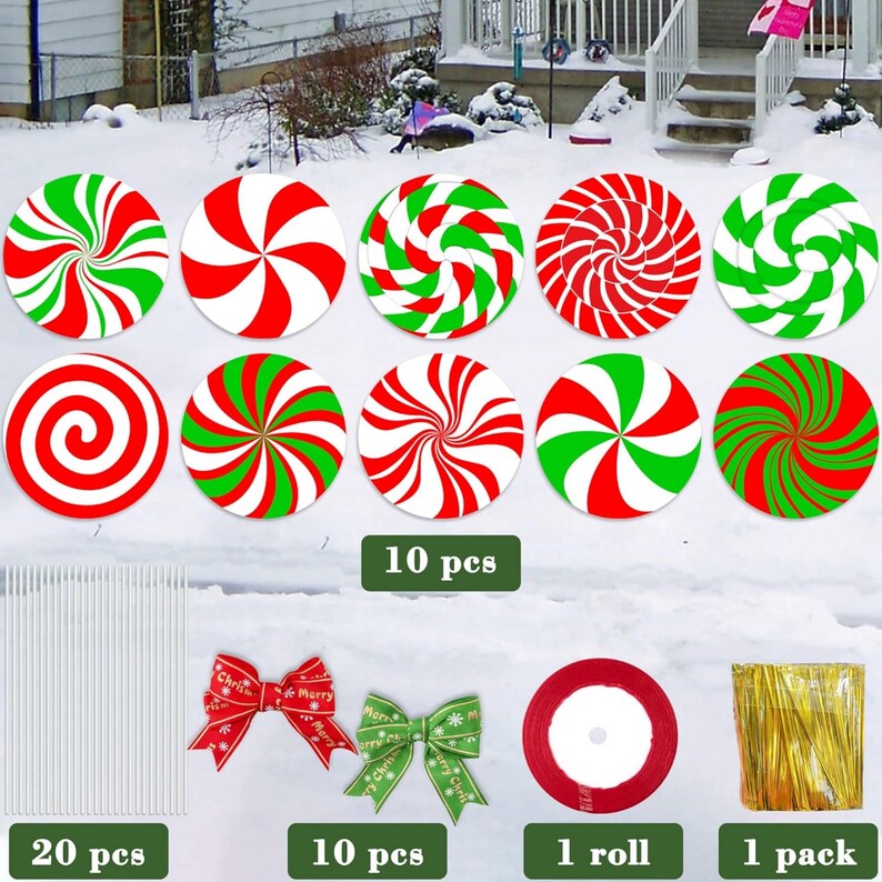 10 Pieces Christmas Peppermint Outdoor Yard Signs With Stakes and Bows