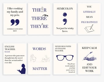 navy funny grammar posters; english literature classroom prints; educational posters; helpful grammar printables; classroom teacher decor