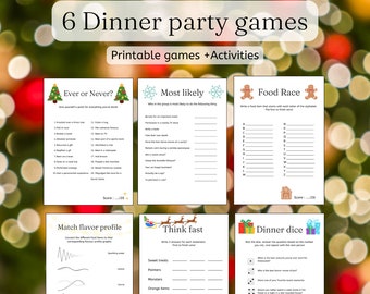 May include: Six printable dinner party games with titles: Ever or Never?, Most Likely, Food Race, Match Flavor Profile, Think Fast, and Dinner Dice. The games are designed to be played with friends and family.