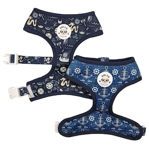 May include: Two blue dog harnesses with adjustable straps and buckles. One harness features a nautical theme with anchors and ship wheels. The other harness features a Viking theme with dragons and ships. Both harnesses have a small circular logo with the text "Hello Coucou".