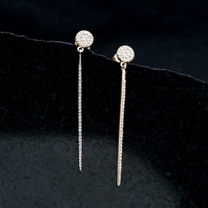 Solid 14k Yellow Gold Stick Dangle Earrings Pave Diamond Fine Jewelry For Gift For Her Minimalist Single Line Handmade Diamond Earrings New