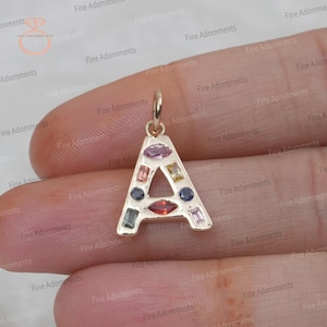 Solid 14k Yellow Gold A Initial Pendant Natural Multi Sapphire Jewelry Gold Small Pendant Unisex Gift Handmade Minimalist A Letter Charm New