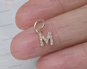 Solid 14k Gold M Initial Pendant, Pave Diamond M Letter Jewelry, Unisex Alphabet M Pendant, Handmade Minimalist M Pendant Gift For Her