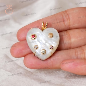 Solide 14k Gelbgold Herz Charm Anhänger Natürliche Perlmutt & Multi Sapphire Edelstein Anhänger 925 Silber Schmuck Valentinstag Geschenk